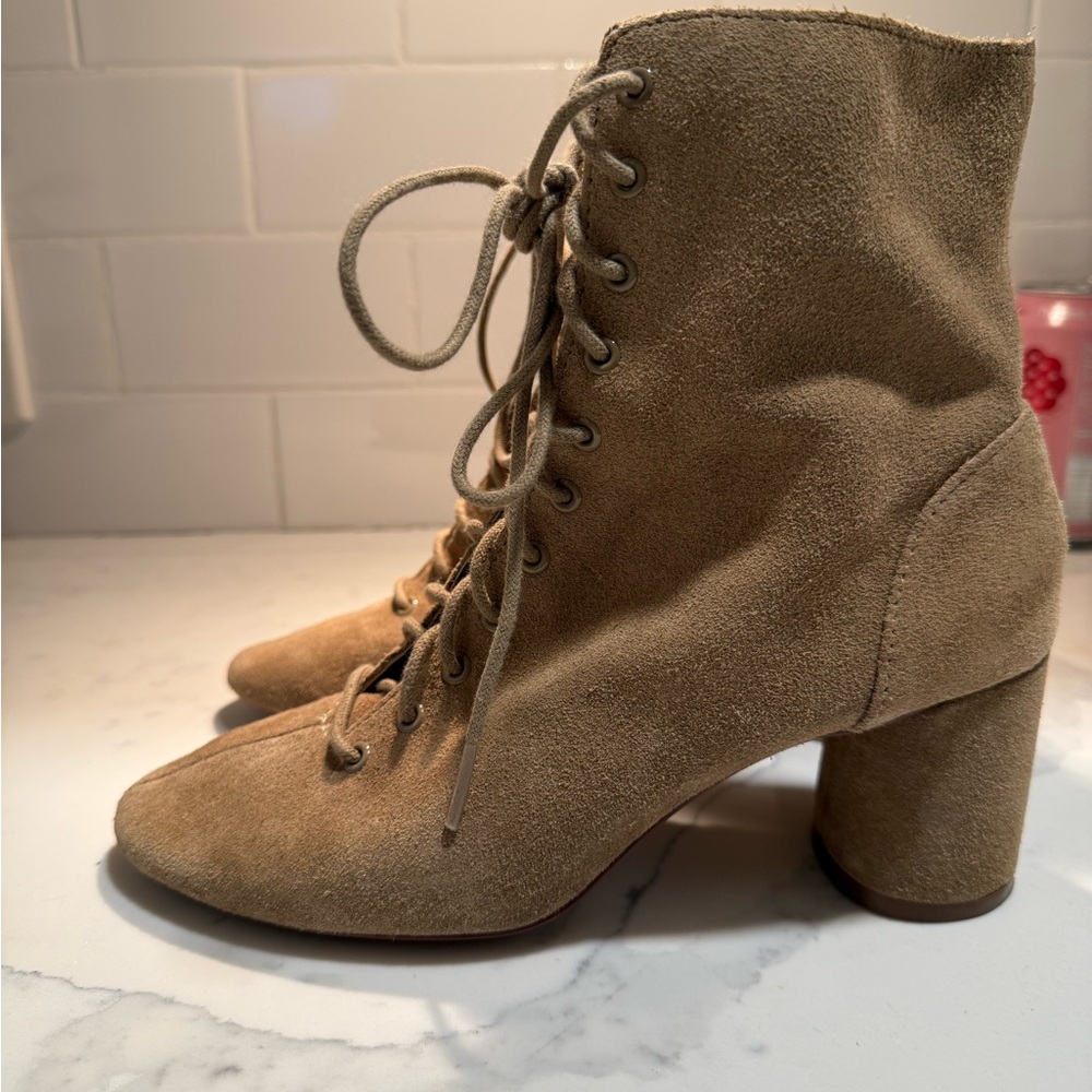 Zara Trafaluc Lace-Up Suede Block Heel Ankle Boots - Tan